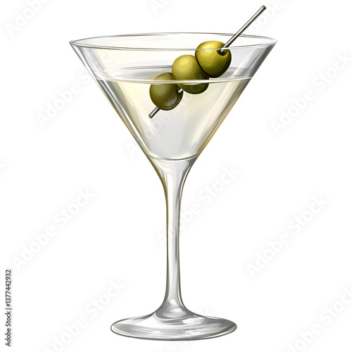 Martini glass with an olive garnish, isolated on transparent background