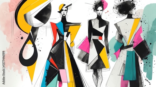 Geometric Fashion Illustration Featuring Three Models in Abstract Dresses