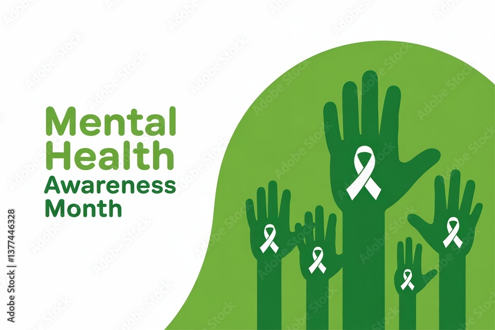 Green hands raised with white ribbons symbolize Mental Health Awareness Month advocacy and support. Green hands raised with white ribbons symbolize Mental Health Awareness Month advocacy and support.