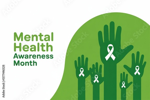 Green hands raised with white ribbons symbolize Mental Health Awareness Month advocacy and support.