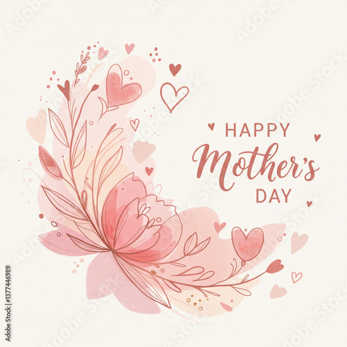 Happy Mother's Day Greeting Card with Watercolor Floral Border and Hearts