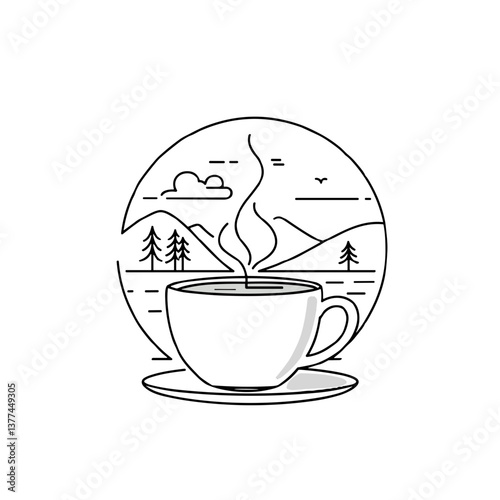 Minimalist coffee cup with steam against scenic mountains  