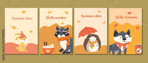 Cute forest animals in autumn theme with cozy vibes for october greetings