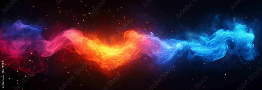 Naklejka premium Red and blue flames with purple, red, and orange tones on a black background, hyper-realistic cinematic effect