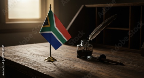 A Thoughtful Scene Featuring a South African Flag, Ink Pen, and Quill on a Rustic Table
