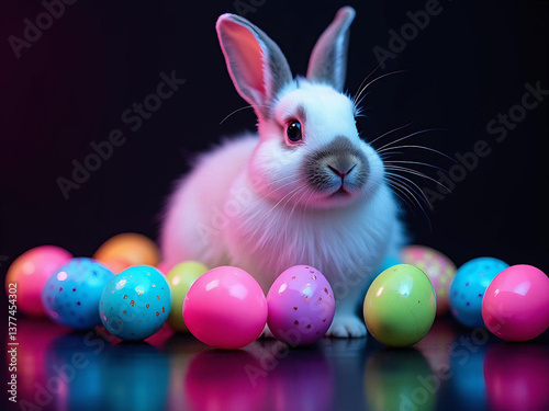 A white bunny sitting among neon-colored Easter eggs