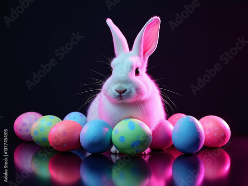 A white bunny sitting among neon-colored Easter eggs
