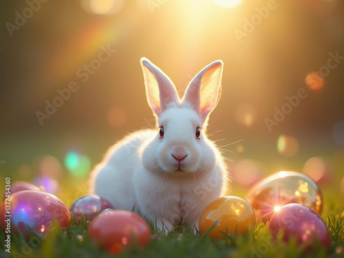 A white rabbit surrounded by crystal prism eggs