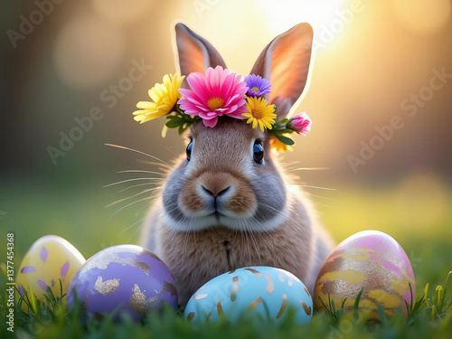 A bunny wearing a crown made of vibrant spring flowers