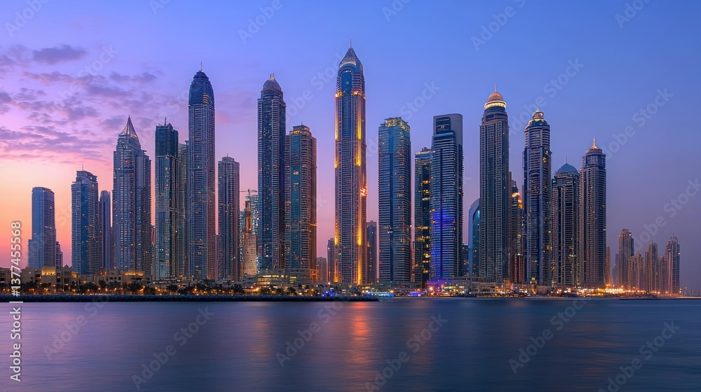 Fototapeta premium Dubai Skyline at Dusk, Cityscape, Skyscrapers, Calm Water