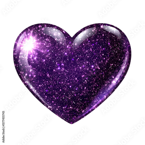 Purple glitter heart with sparkles, ideal for party or romantic themes, isolated on transparent background