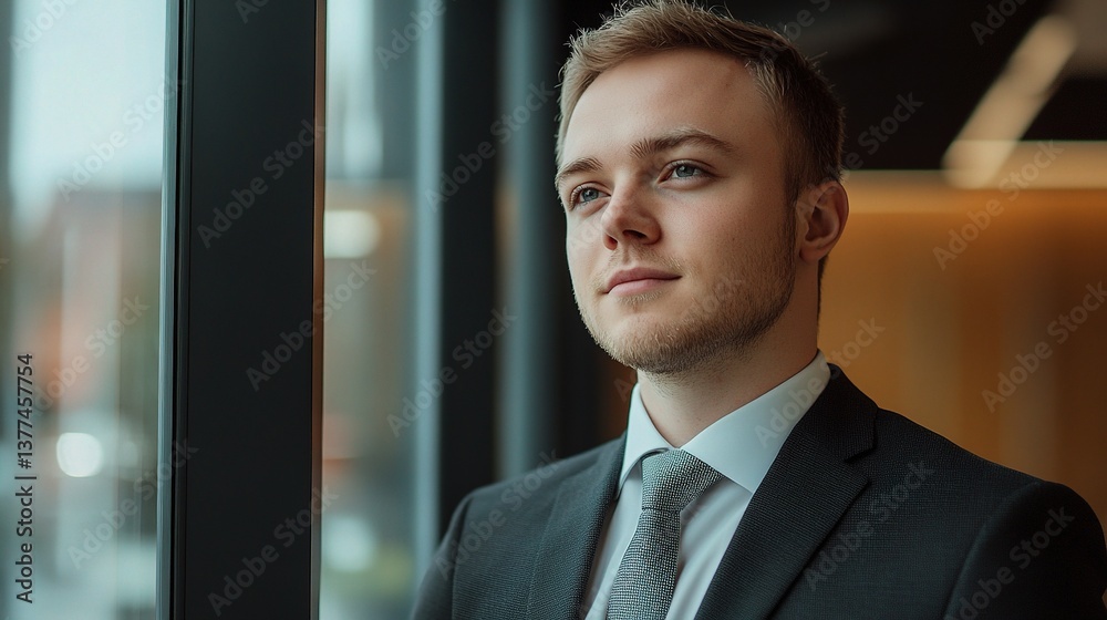 Young Businessman in Formal Suit Looking Confident by Window Young Businessman in Formal Suit Looking Confident by Window