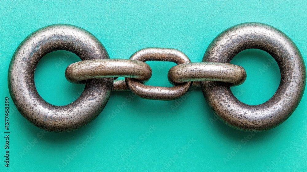 Fototapeta premium Closeup of Interlocking Metal Chain Links on Teal Background