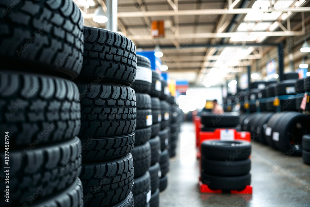 Car tires , Stacked tires in automotive tyre store