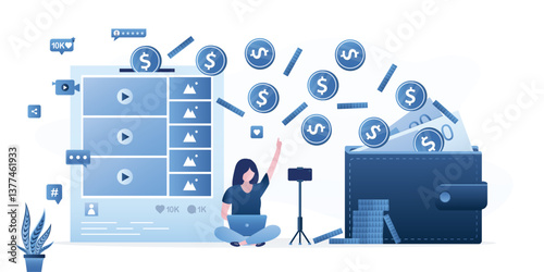 Video and media content monetization. E-commerce, earnings. Money falls into wallet. Woman blogger monetize vlog. Video marketing for making of money from video on website