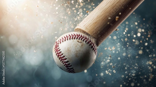 Baseball bat hitting ball in motion with dust particles in dynamic sports scene photo