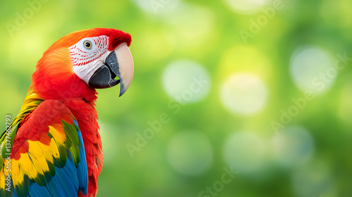 A colorful portrait of an Amazon red macaw parrot against a jungle background, showcasing its vibrant plumage and striking beauty.
