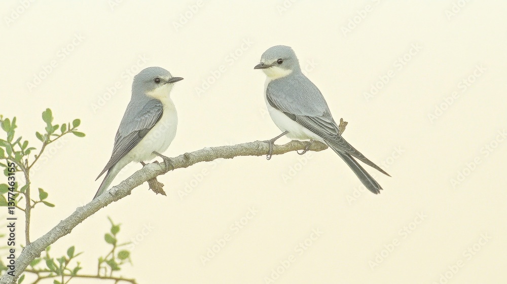Two gray birds perched on branch against light background Two gray birds perched on branch against light background