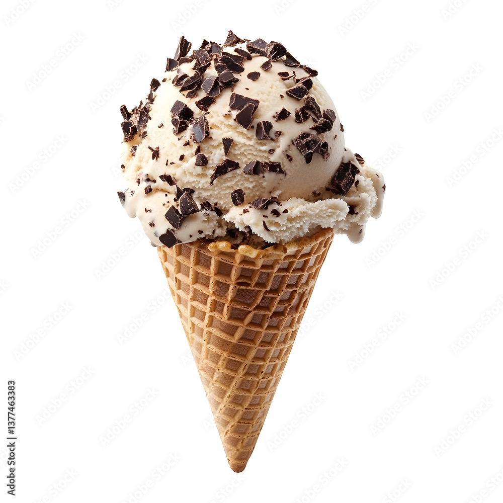 Vanilla ice cream with chocolate chips in a waffle cone isolated on transparent background Vanilla ice cream with chocolate chips in a waffle cone isolated on transparent background