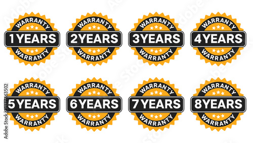 Elegant Warranty Badges from 1 to 8 Years - Orange, Black, and White Circular Design with Stars for High-Quality Product Guarantee and Reliability