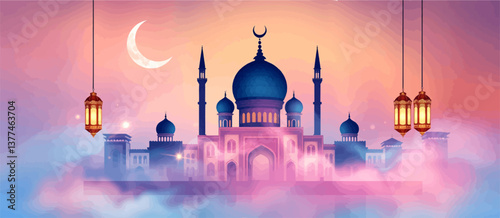 Ramadan Kareem: Arabic Lantern with Crescent Moon, Glowing Candle, and Defocused Mosque at Sunset.	