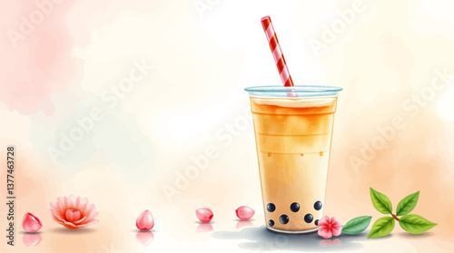Milk Bubble Tea Splash for Drinks Bar Menu: Doodle Chalk Illustration of Beverage Cups with Fruit, Berry, Chocolate, and Strawberry Toppings.	
