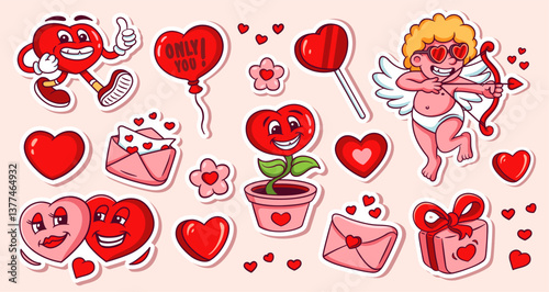 Valentines day cartoon stickers set. Groovy lovely hearts illustrations in pink and red colors. Funky happy heart characters in trendy retro cartoon style. Vector illustrations