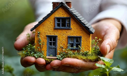 A miniature yellow house with a detailed roof is gently cradled within open hands.