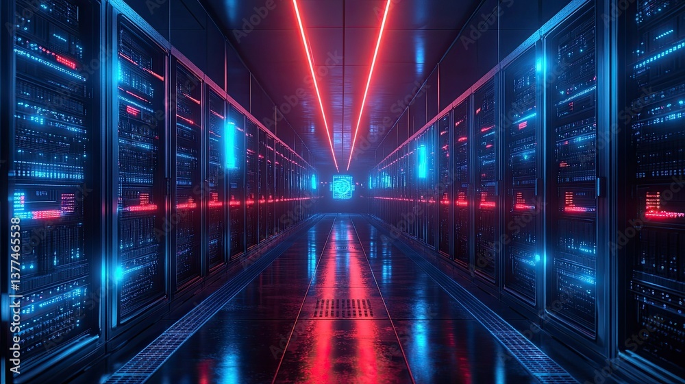 Fototapeta premium AI-Powered Futuristic Server Network and Data Center Depicting Advanced Cyberpunk Technology Concept