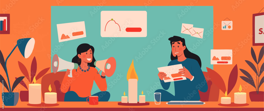 Social Media Promotion & Advertising: Characters Using a Loudspeaker to Announce Sales – Flat Cartoon Vector Illustration. Social Media Promotion & Advertising: Characters Using a Loudspeaker to Announce Sales – Flat Cartoon Vector Illustration.