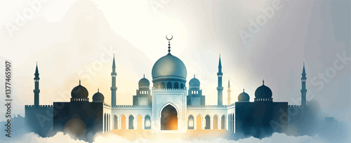 Ramadan Kareem with Golden Mosque and Leaf Pattern on Elegant Background – Eid Mubarak Greeting Design.	
