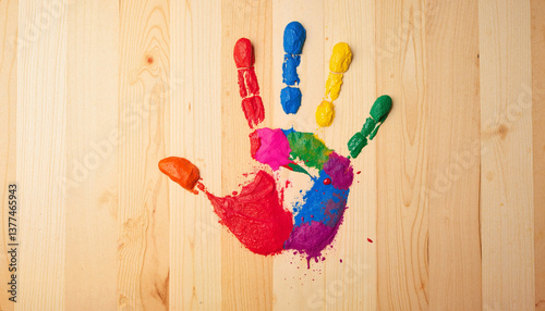Colorful handprint with paint splashes on wooden background  