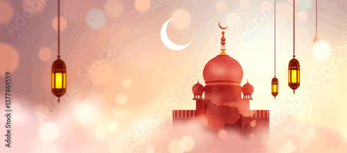 Ramadan Kareem: Arabic Lantern with Crescent Moon, Glowing Candle, and Defocused Mosque at Sunset.	