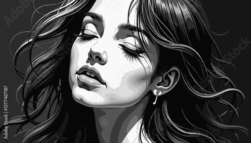 Elegant woman with closed eyes expressing serenity in black and white  