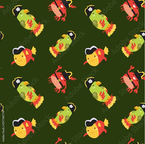 Pirate-themed cartoon fish and crab pattern on dark green background.