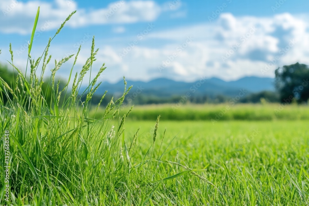 Fototapeta premium Lush Green Grass Against a Scenic Background of Mountains and Sky