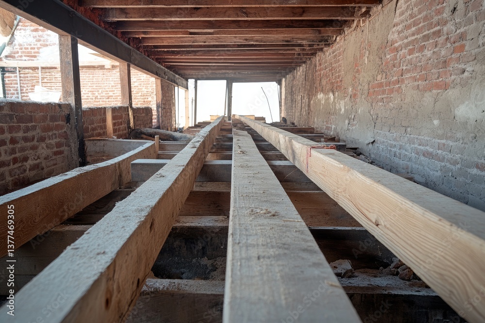 Obraz premium Interior of a building under construction, showing wooden beams and supports