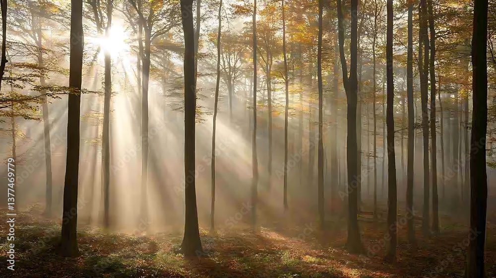 Naklejka premium A hauntingly beautiful forest shrouded in thick, ethereal mist, with sunlight breaking through in golden rays