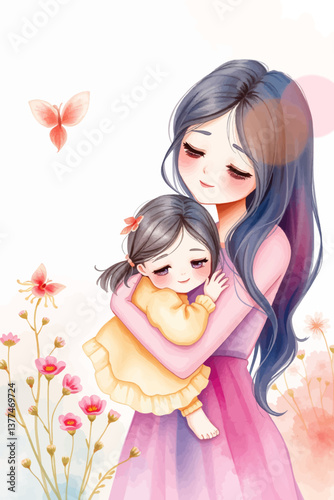 A Single Mother's Tender Embrace of Her Newborn – A Beautiful Parenting Moment in Watercolor Style.