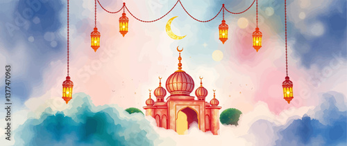 Ramadan Kareem with Golden Mosque and Leaf Pattern on Elegant Background – Eid Mubarak Greeting Design.	
