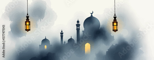 Ramadan Kareem with Golden Mosque and Leaf Pattern on Elegant Background – Eid Mubarak Greeting Design.	
