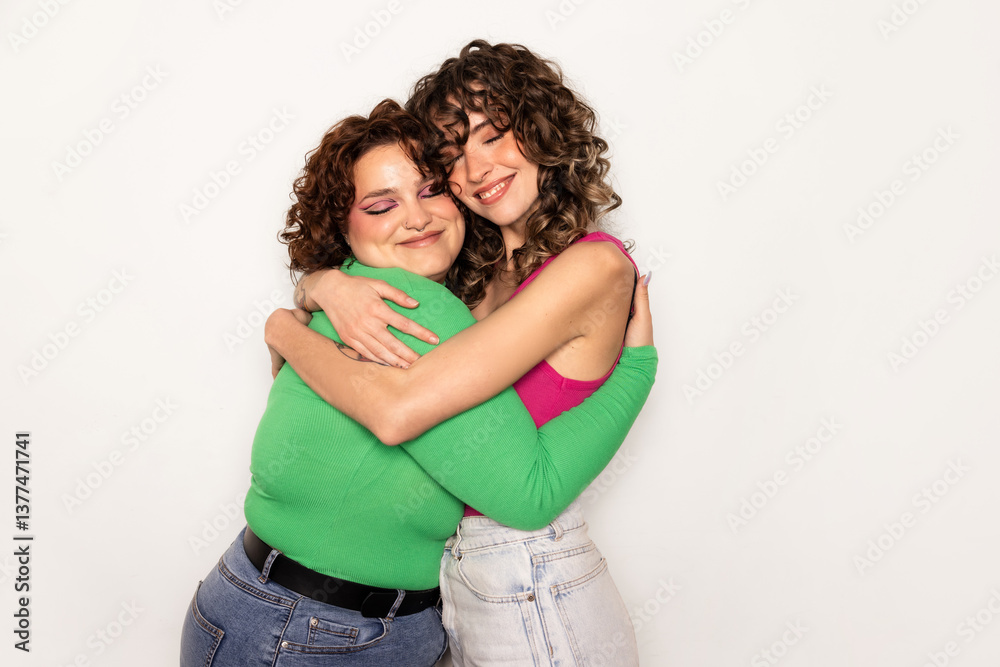 Friends embracing joyfully in colorful outfits with smiles Friends embracing joyfully in colorful outfits with smiles