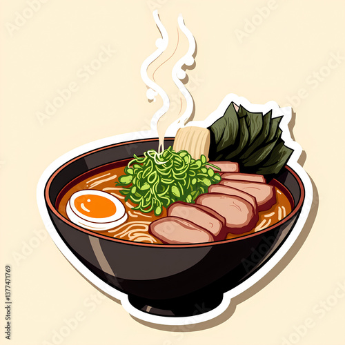 Steaming Ramen Bowl with Egg and Pork in Traditional Japanese Style