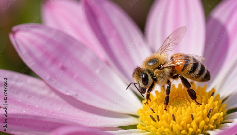 Bee collecting nectar from a flower against a pink blossom Bee collecting nectar from a flower against a pink blossom