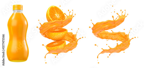 Orange juice flow and splash with bottle, Clipping path, 3D rendering