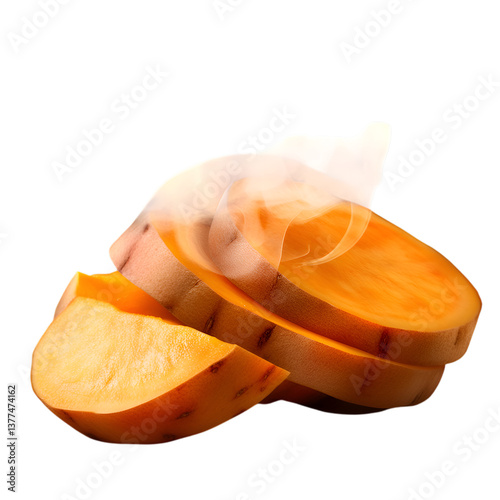 Sliced sweet potato with steam rising, isolated on transparent background