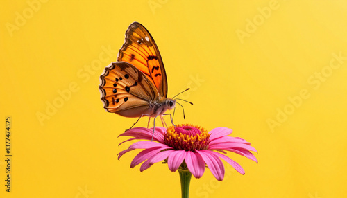 Wallpaper Mural Butterfly perched on a pink flower against a yellow background   Torontodigital.ca