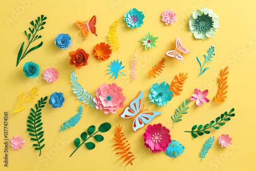 Paper craft Flower Decoration Concept. Flowers and leaves made