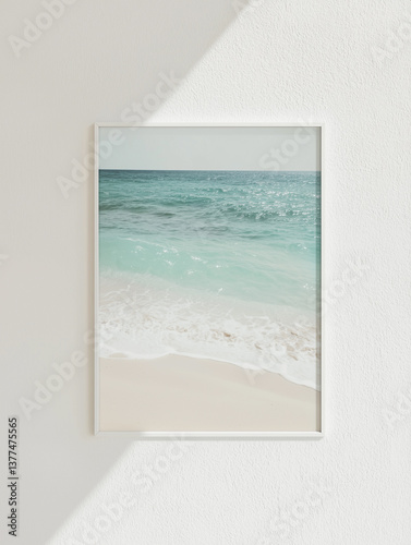 framed picture of serene beach scene with gentle waves and soft sand, evoking tranquility