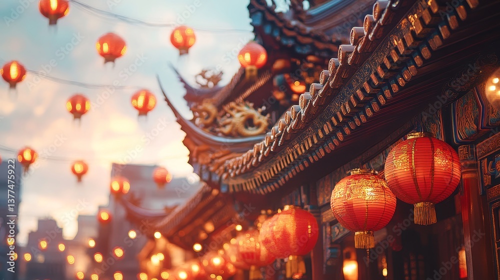Obraz premium Vibrant chinese lanterns adorning traditional temple at sunset